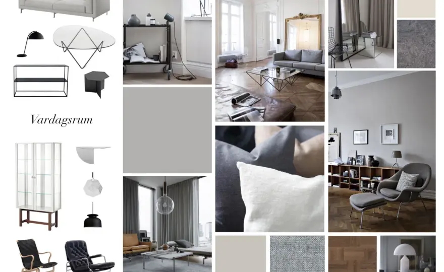 Moodboard för vardagsrummet som håller ihop hela rummet