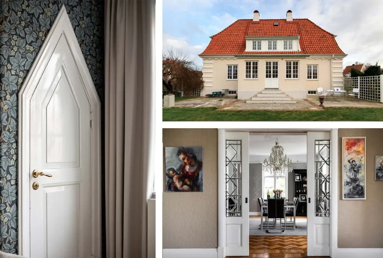 Vackert 20-tals hus med detaljerad dörr, trädgård och inbjudande matsal.