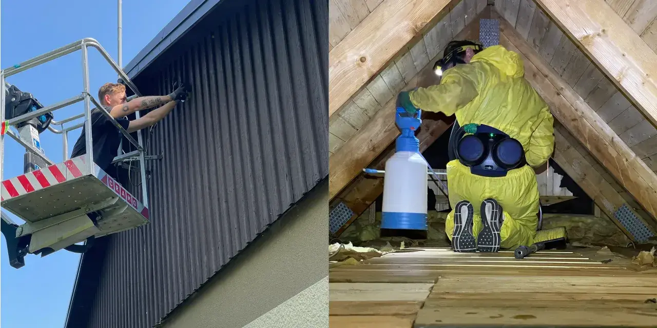 Arbetare i skylift rengör fasaden på ett syll hus. En annan person i skyddsdräkt sprutar isolering på en vind.
