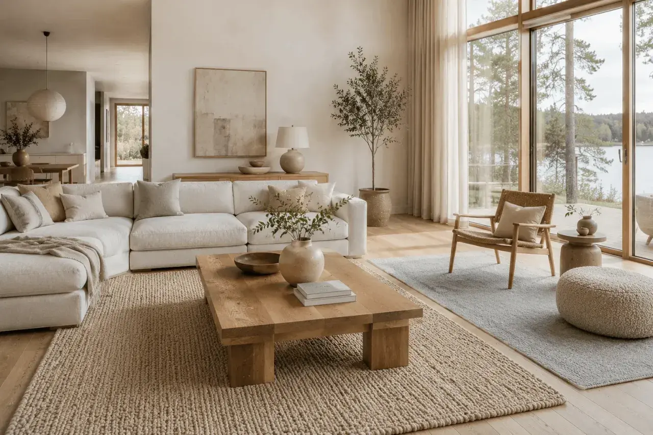 En ljus och luftig lounge med en stor, bekväm soffa och ett rustikt träbord. Stilren inredning med naturmaterial och en fantastisk utsikt över en sjö.