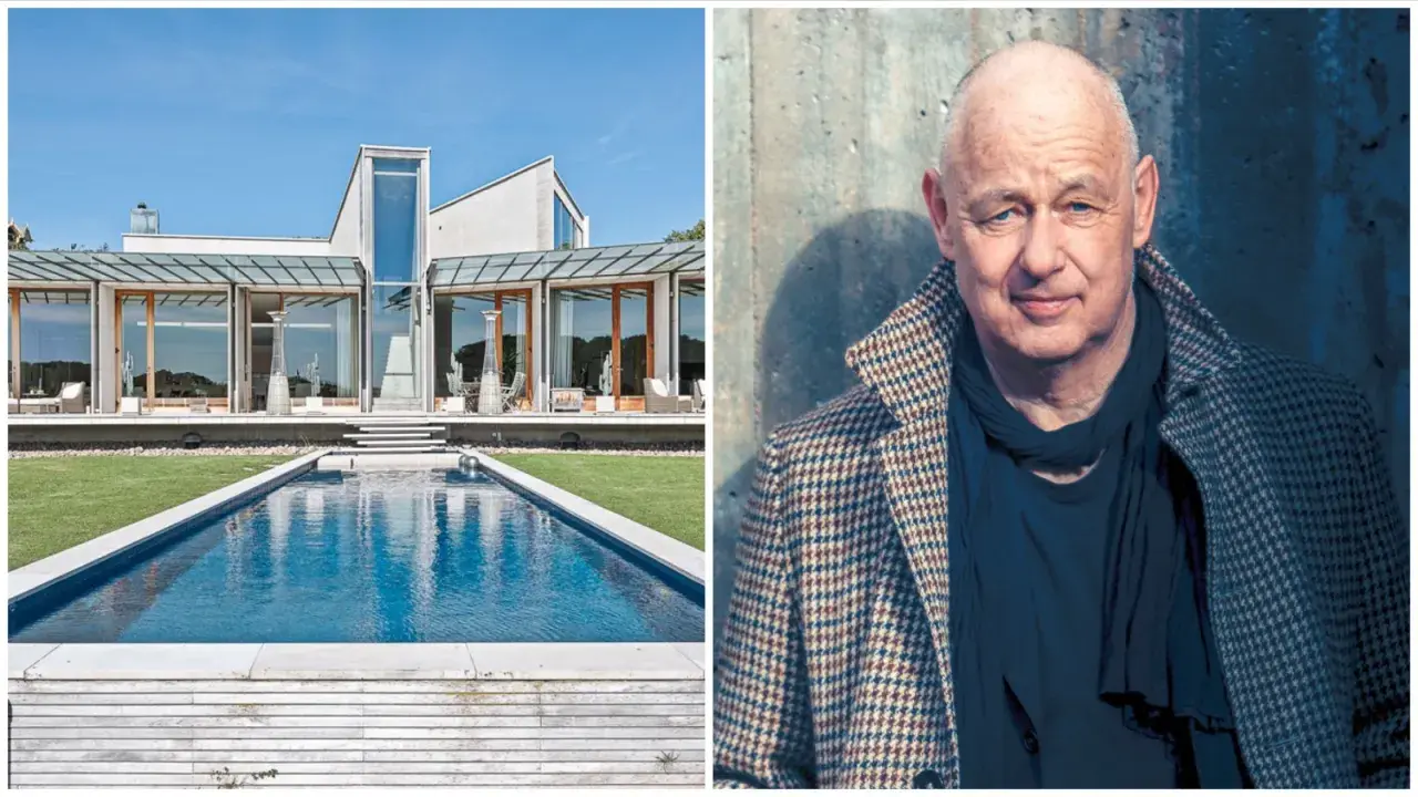 Gert Wingårdhs hus med pool och en porträttbild av arkitekten.