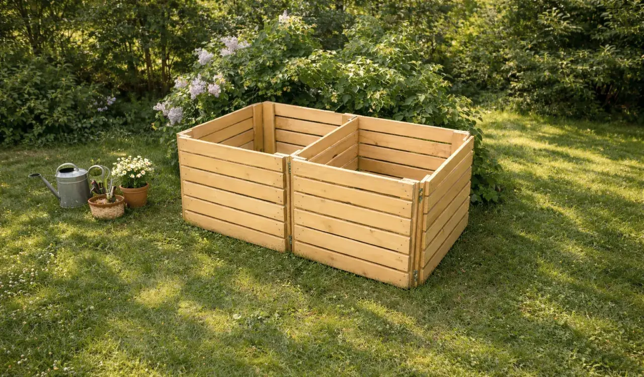 Två sektioner av en nybyggd kompostbehållare i trä står på en gräsmatta. Bredvid står en vattenkanna och krukor med blommor, redo att börja bygga kompost.