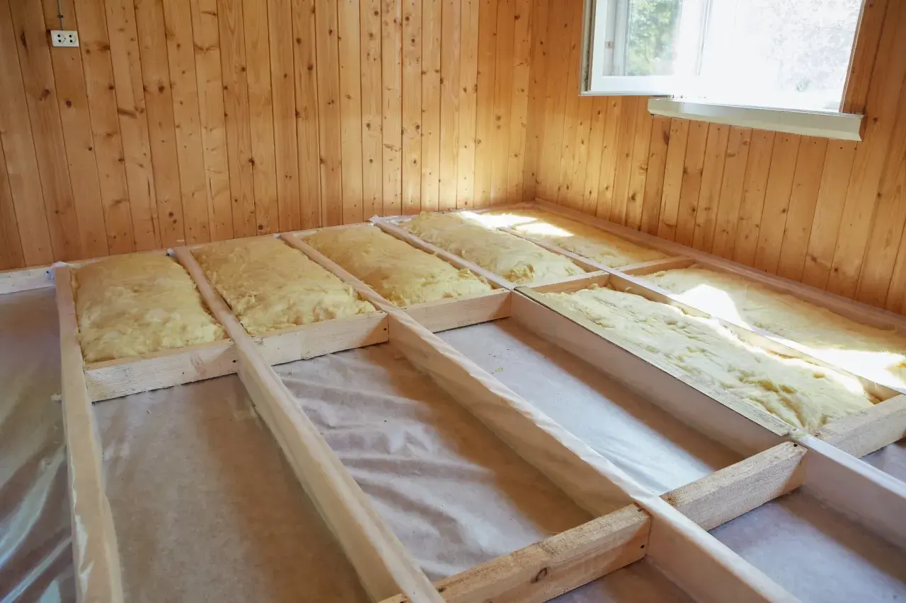 Golvbjälkar fyllda med isolering för att isolera golv ovanifrån. Träväggar och ett fönster syns i bakgrunden.