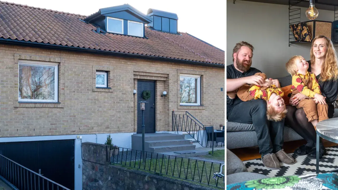 Ett charmigt putsat 50-talshus med en glad familj som myser i soffan.