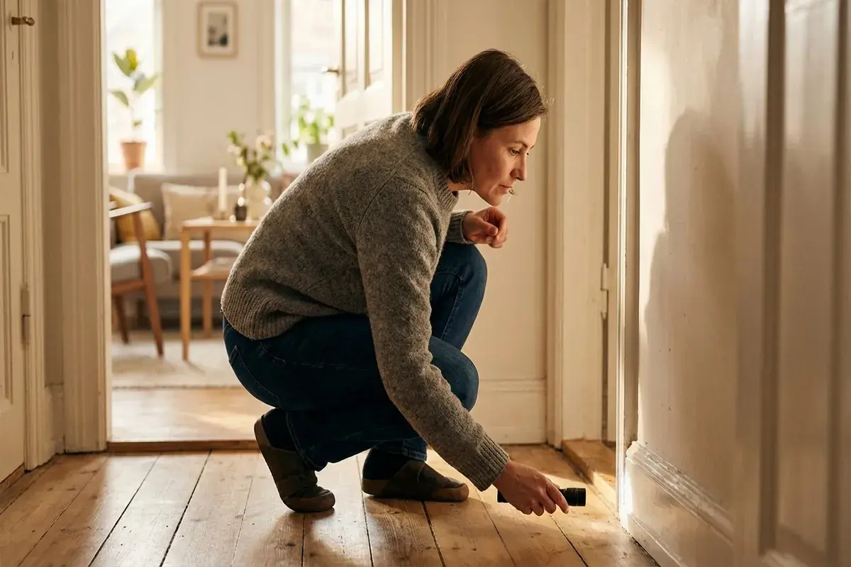 Kvinna med ficklampa undersöker golvet, undrar om det luktar gammal gubbe i huset.