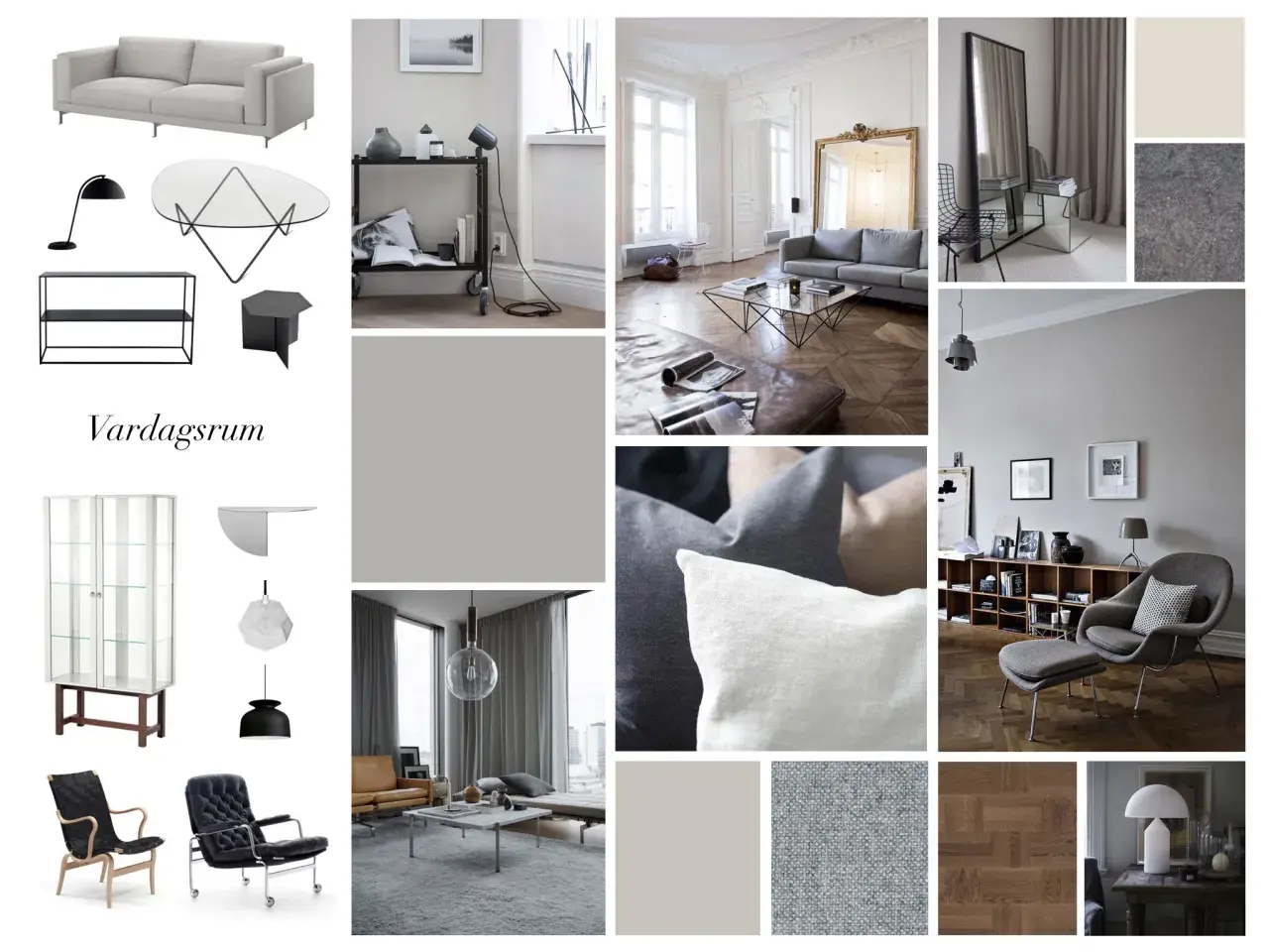 Moodboard vardagsrum med inspiration för ett modernt och stilrent hem. Grå toner, trädetaljer och minimalistiska möbler.
