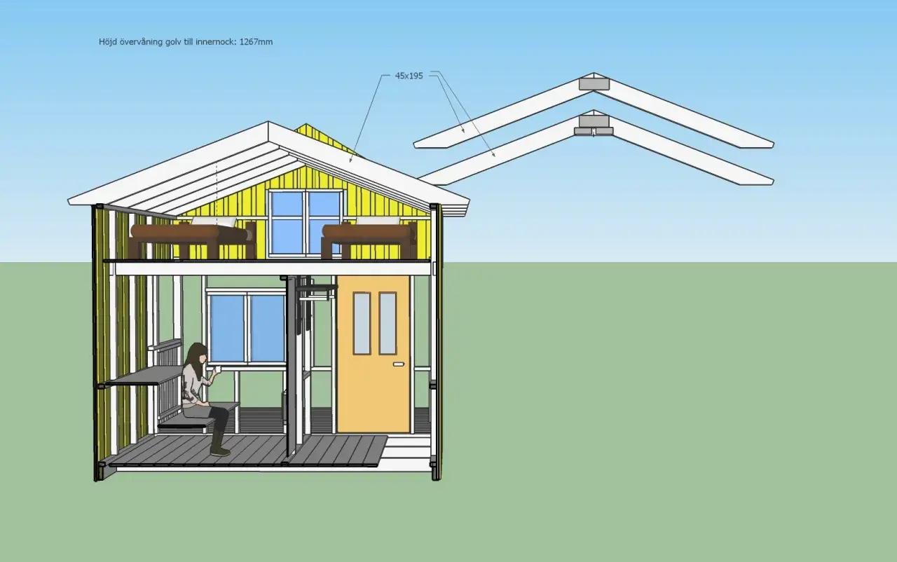 En ritning visar ett hus i genomskärning med en person på en balkong. Takfot detalj med mått 45x195.