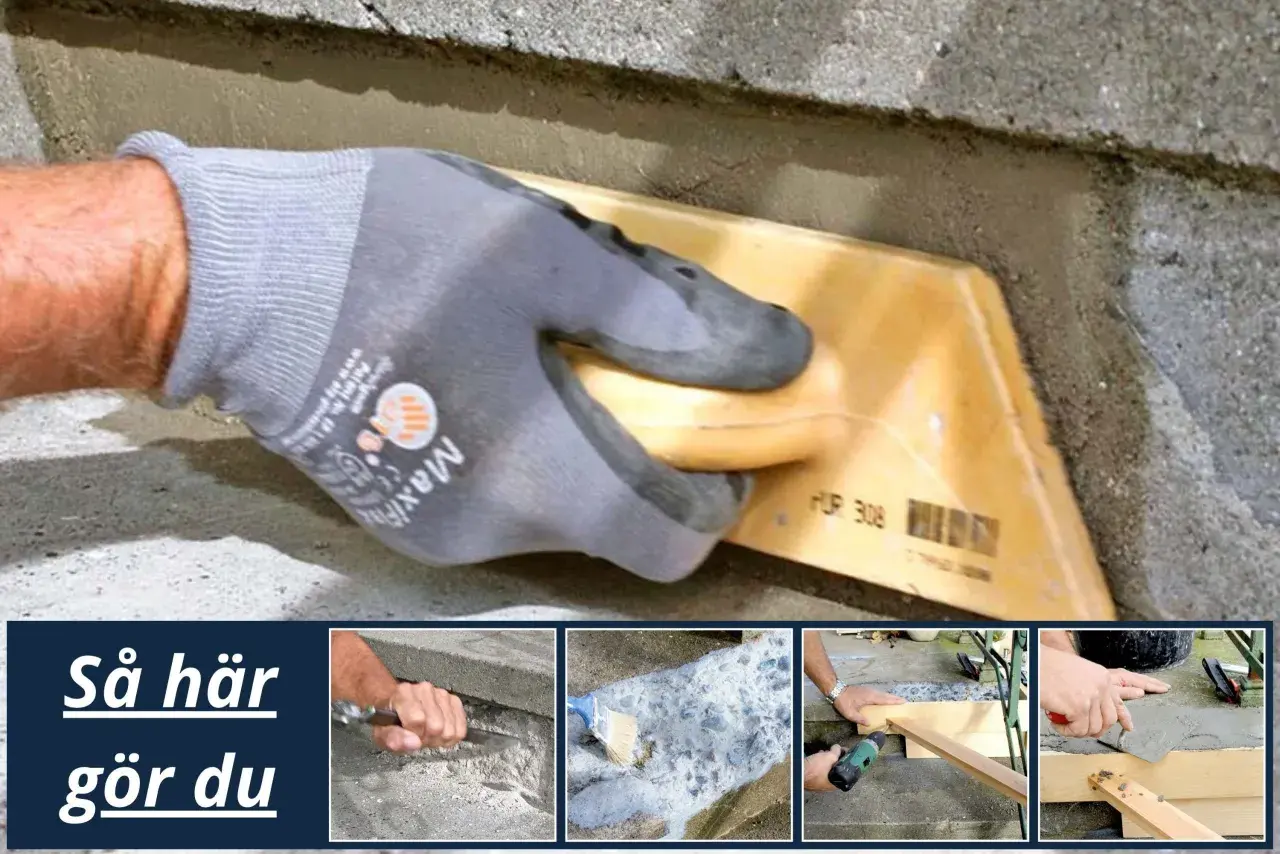 Hand med handske spacklar betong för att laga betongtrappa. Bilden visar steg för steg hur man reparerar en trappa.