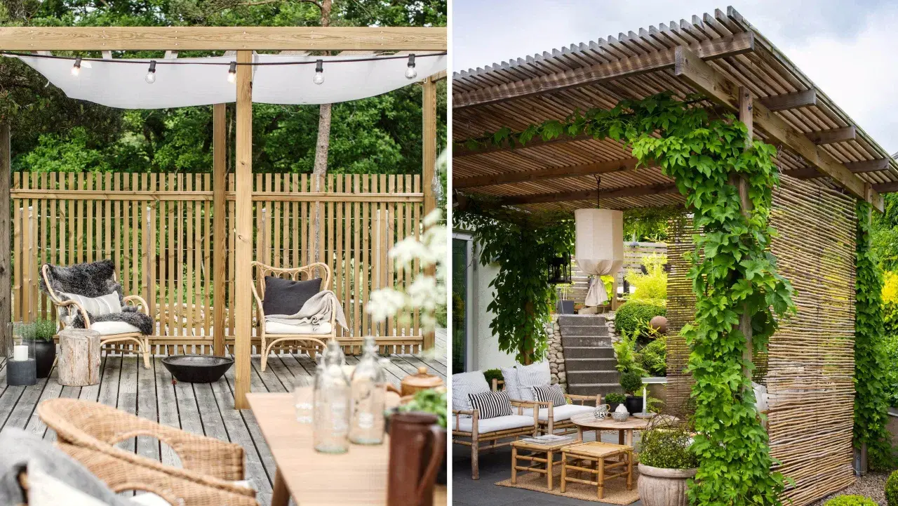 Mysig uteplats med pergola tak tyg som ger skugga. Runtom frodig grönska och bambustaket.