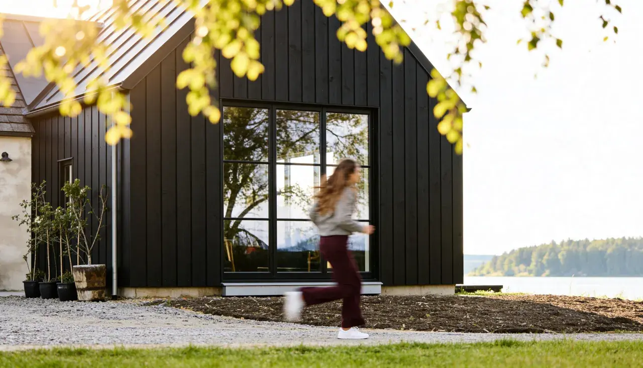 Svart trähus med stora fönster vid en sjö. En person springer förbi. Utbyggnad hus inspiration för moderna hem.