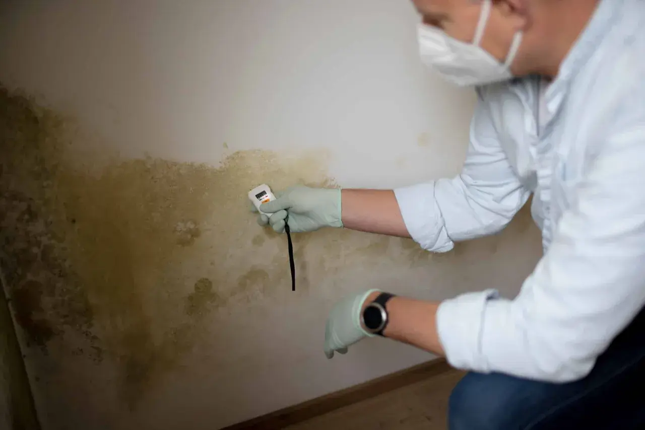 En person med mask och handskar mäter fukt på en vägg med mögel. Det ser ut som en inspektion av gavel på hus.