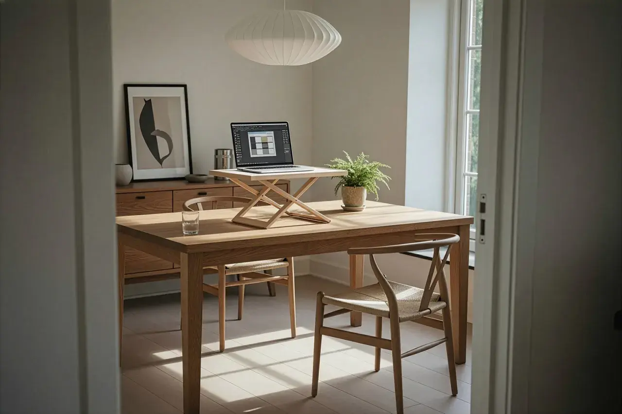 Ett stilrent litet hemmakontor med ett träbord, laptop på stativ, en grön växt och en abstrakt tavla.