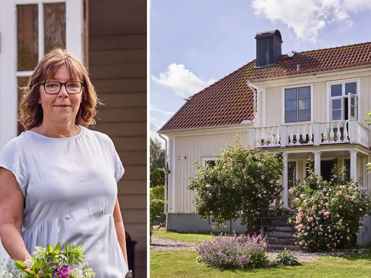 Kvinna med blommor framför ett charmigt 30-tals hus med en vacker rosenbuske.