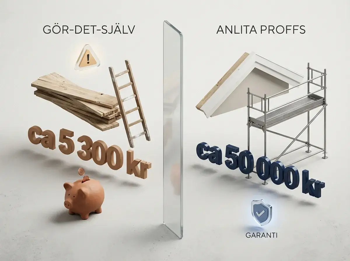 Jämförelse av att byta vindskivor själv med material och stege för 5 300 kr, eller anlita proffs för 50 000 kr med garanti.