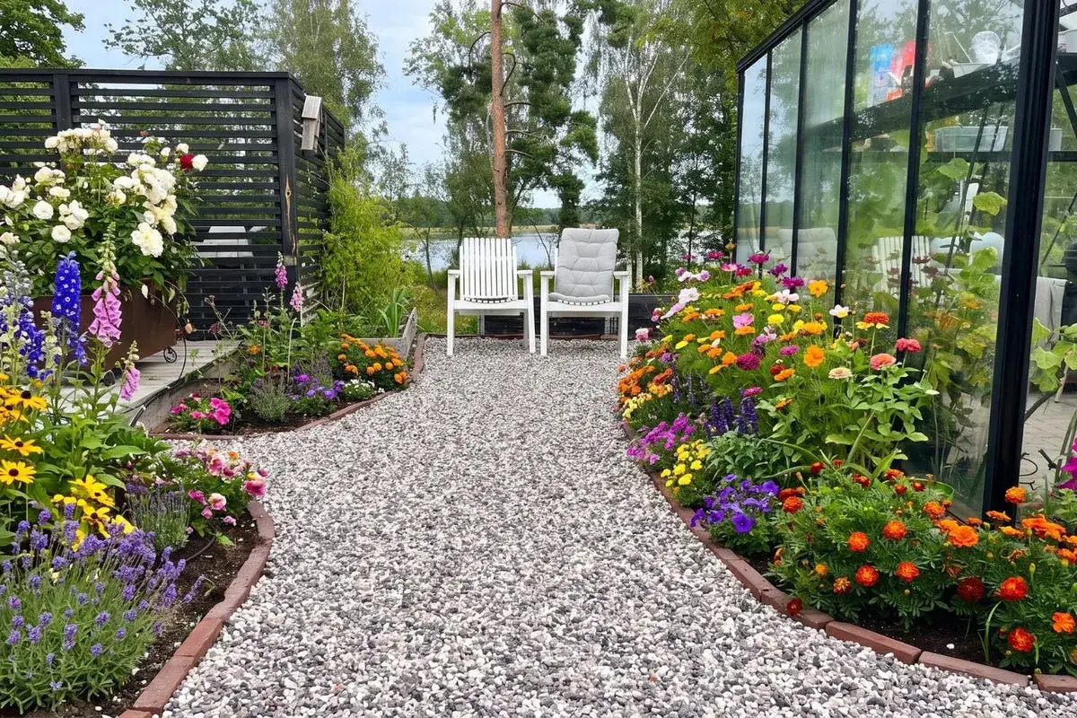 En gammaldags grusg&aring;ng leder till tv&aring; vita stolar. F&auml;rgglada blommor kantar g&aring;ngen, och ett v&auml;xthus syns till h&ouml;ger.