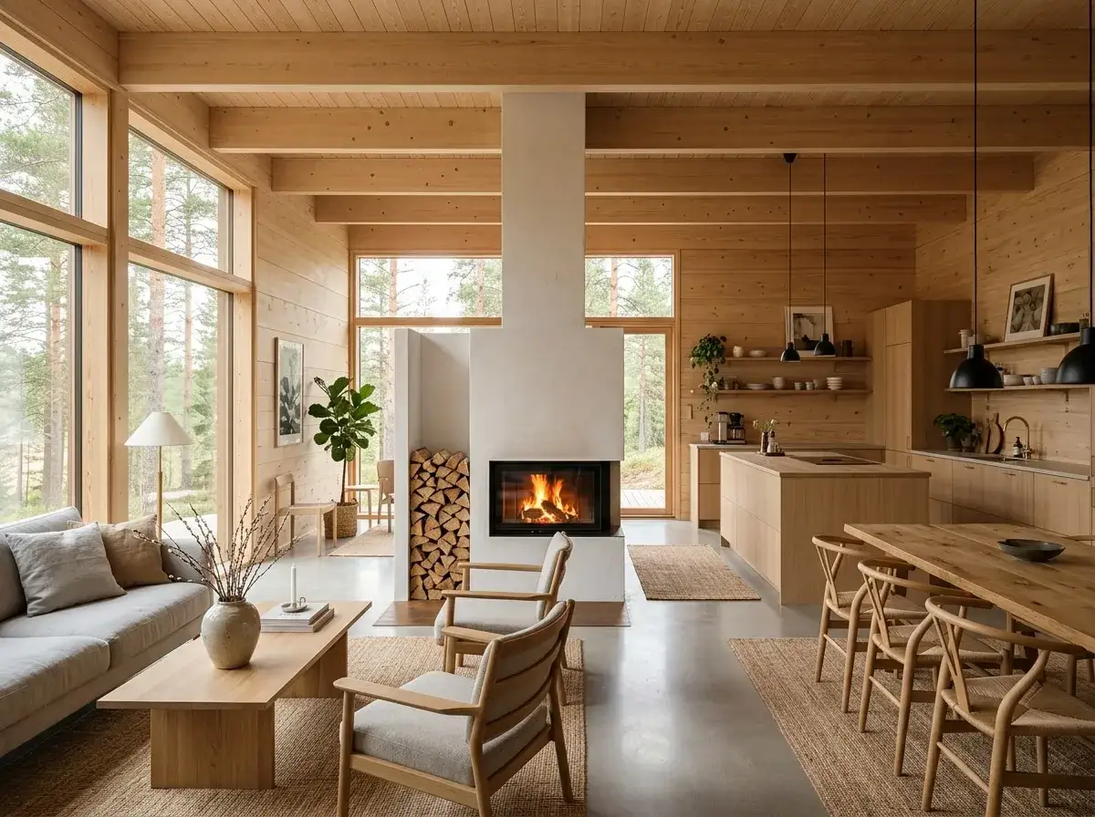 Attefallshus inspiration: Ljust och luftigt vardagsrum med &ouml;ppen planl&ouml;sning, k&ouml;k och matplats i tr&auml;. &Ouml;ppen spis och stora f&ouml;nster mot skogen.