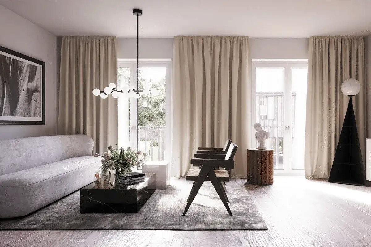 Modernt vardagsrum med en elegant soffa, marmorbord och konst. Perfekt matbord vardagsrum inspiration för ett stilrent hem.