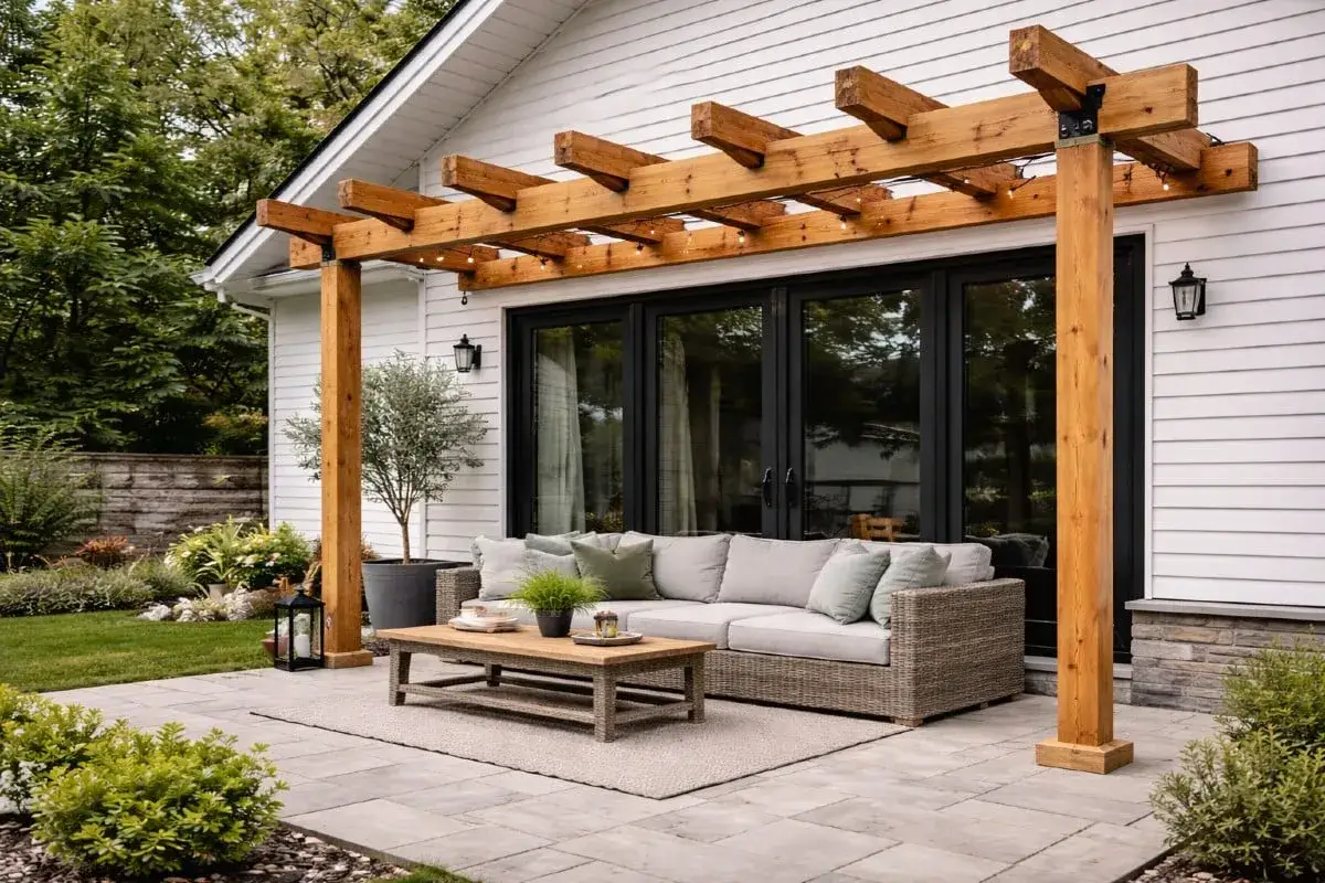 En vacker uteplats med soffa och bord under en nybyggd pergola. Perfekt f&ouml;r att bygga pergola och njuta av sommaren.