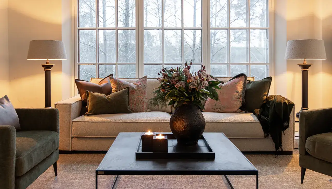 Mysig soffgrupp med lantlig inredning inspiration. En beige soffa med kuddar, tv&aring; golvlampor och ett soffbord med blommor och ljus.