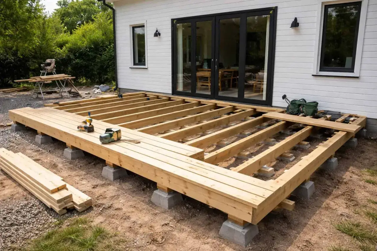 Byggnation av ett trallgolv framf&ouml;r ett modernt hus. Tr&auml;bj&auml;lkar vilar p&aring; betongplintar, redo att bli en h&auml;rlig uteplats.