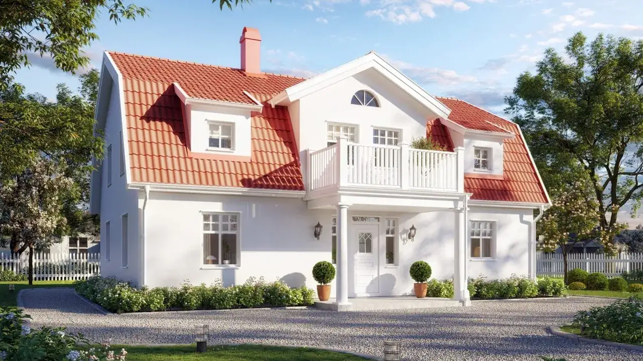 Vitt hus med rött tegeltak och balkong, en dröm för putsade hus inspiration.