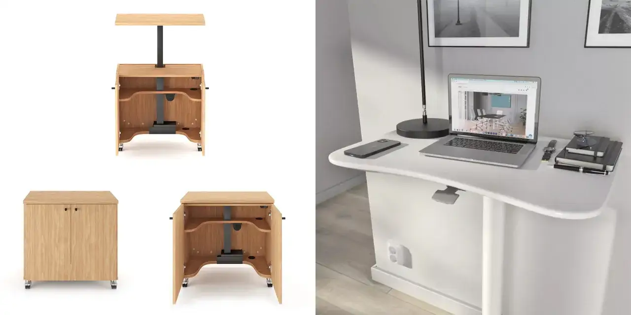 Ett litet hemmakontor med en justerbar skrivbord och en mobil f&ouml;rvaringsenhet i tr&auml;.