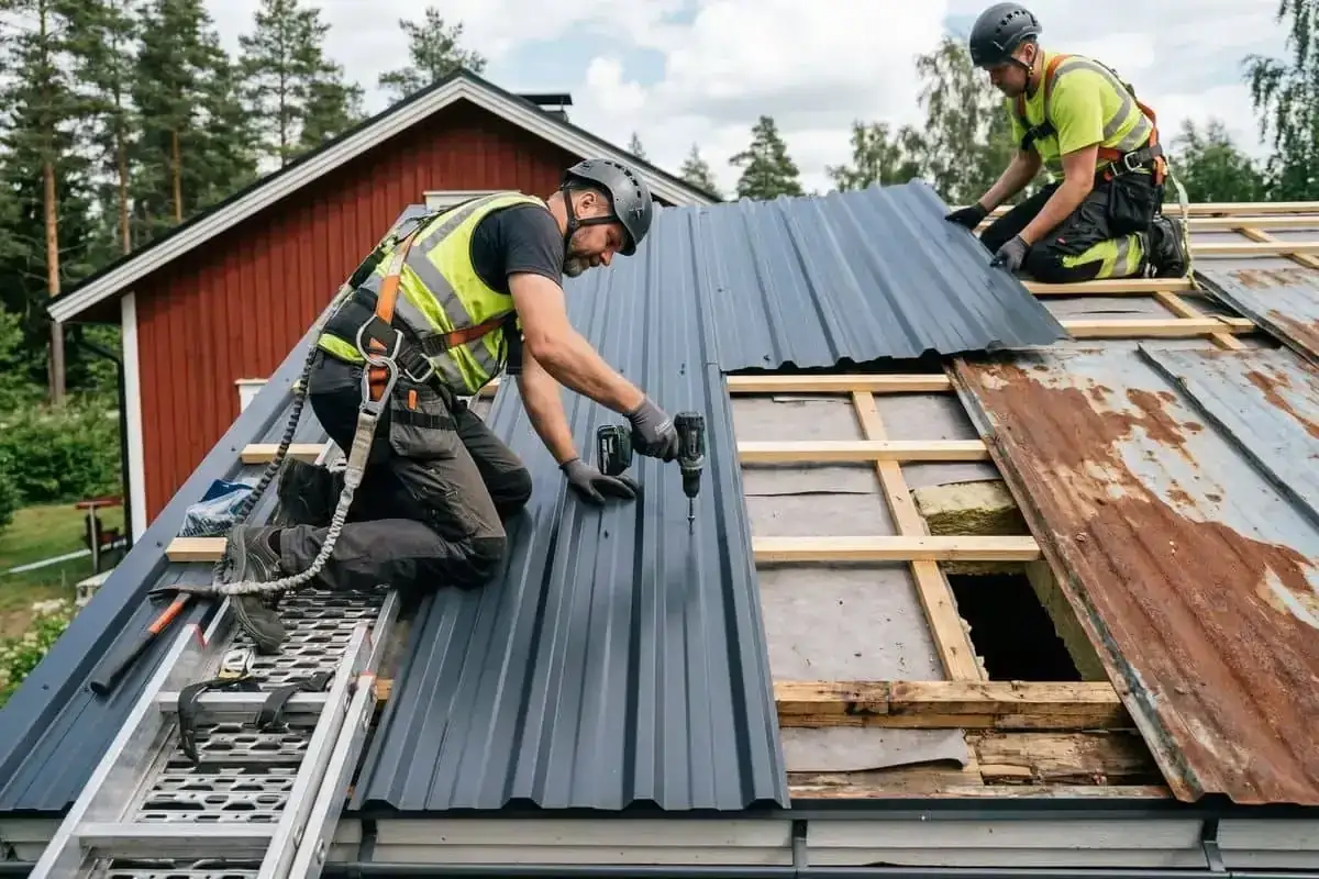 Tv&aring; takl&auml;ggare byter ut ett gammalt pl&aring;ttak mot nytt. En skruvar fast en ny pl&aring;t, den andra h&aring;ller en annan redo.