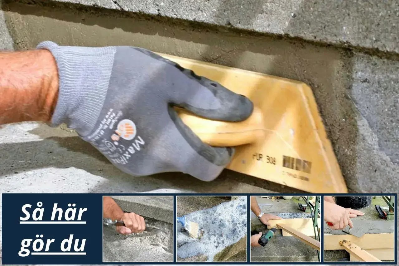 S&aring; h&auml;r lagar du betongtrappan: En hand med handske sl&auml;tar till nygjuten betong med en murslev. Bilden visar steg f&ouml;r steg hur du reparerar din trappa.