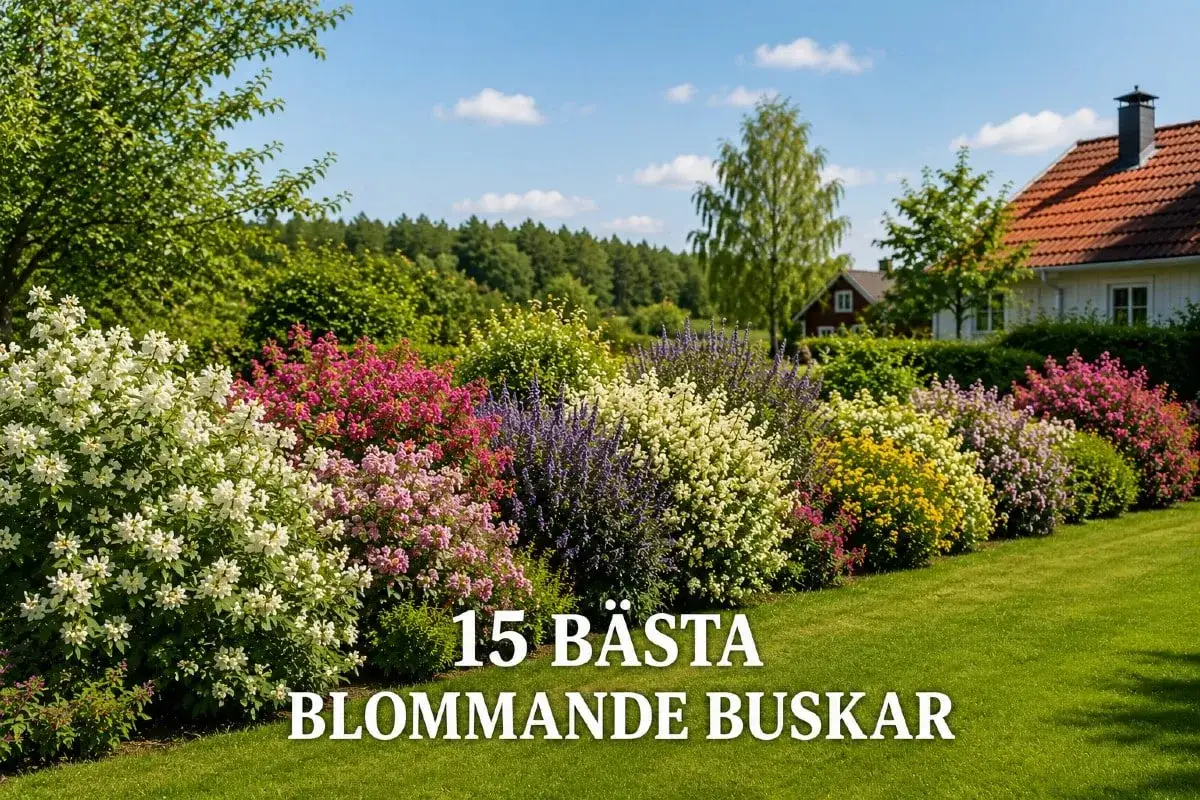 En vacker tr&auml;dg&aring;rd med en rad f&auml;rgstarka, doftande buskar i vitt, rosa, lila och gult. Texten 