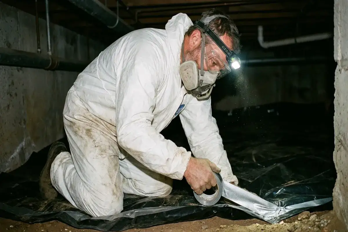 Man i skyddsdr&auml;kt t&auml;tar krypgrund med plast och silvertejp. En viktig del av arbetet med avfuktare krypgrund f&ouml;r att hindra fukt.