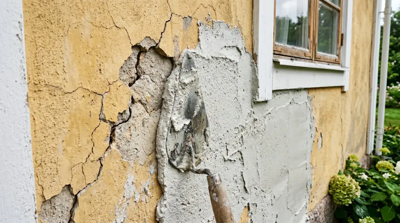 En spackel med putsbruk b eller c används för att reparera en sprucken gul fasad.