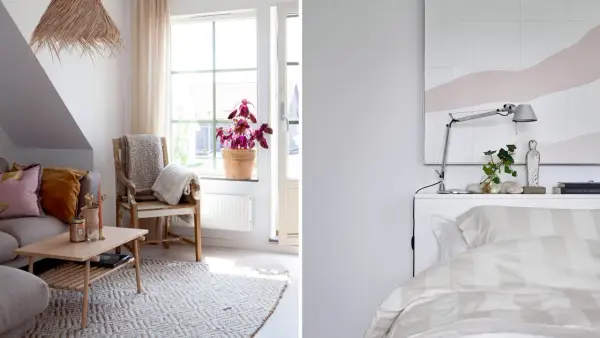 Mysigt litet sovrum inspiration med en bekväm soffa, ett träbord och en stol med plädar. På andra sidan syns en säng med randigt påslakan.